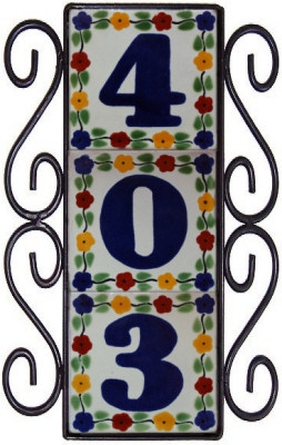 Wrought Iron House Number Frame Bouquet-Blue 3-Tiles Details