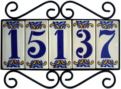 Wrought Iron House Number Frame Villa 5-Tiles Close-Up