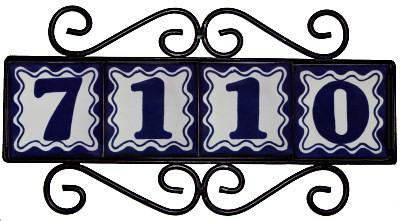 Wrought Iron House Number Frame Bouquet-Blue 4-Tiles Close-Up