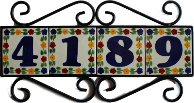 Wrought Iron House Number Frame Bouquet-Blue 4-Tiles Details