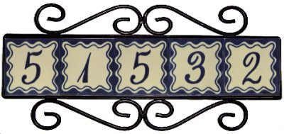 Wrought Iron House Number Frame Bouquet-Blue 5-Tiles Details