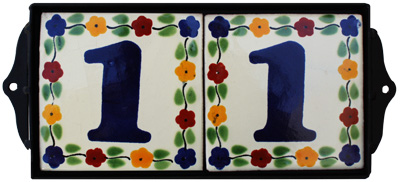 Wrought Iron House Number Frame Bouquet-Blue 2-Tiles Close-Up