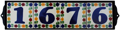 Wrought Iron House Number Frame Bouquet-Blue 4-Tiles Close-Up