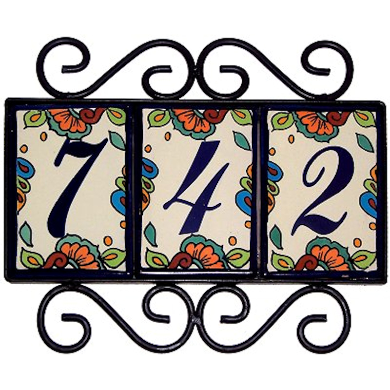 Wrought Iron House Number Frame Hacienda 3-Tiles Close-Up