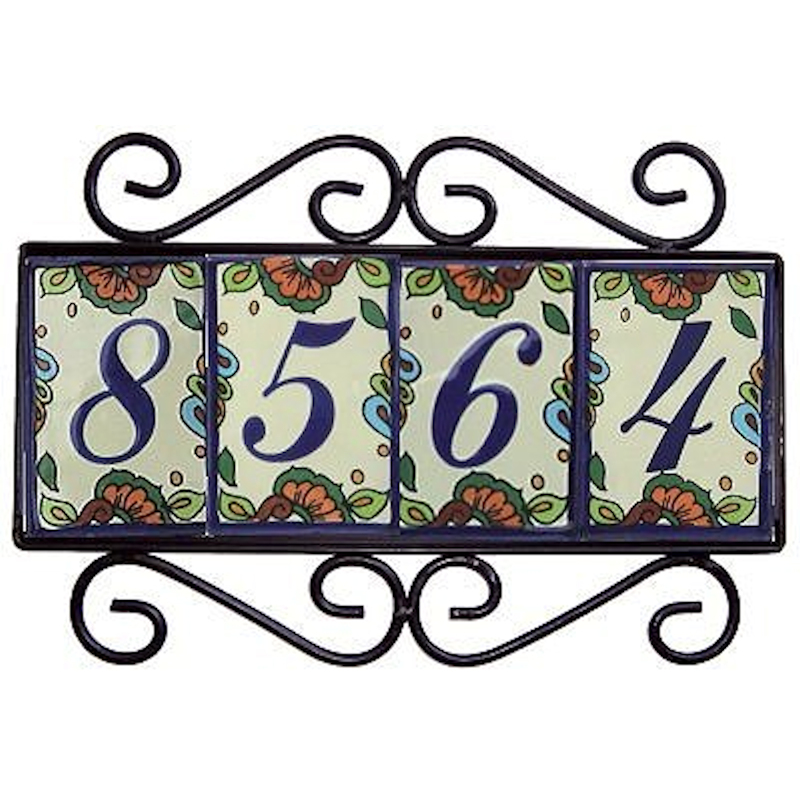 Wrought Iron House Number Frame Hacienda 4-Tiles Close-Up