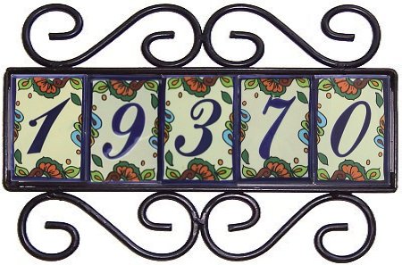 Wrought Iron House Number Frame Hacienda 5-Tiles Close-Up