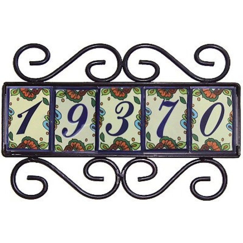 Wrought Iron House Number Frame Hacienda 5-Tiles Close-Up