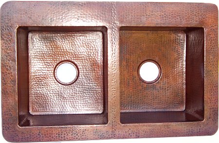 Double Well Farmhouse Hammered Copper Sink