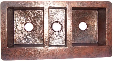 Triple Well Farmhouse Hammered Copper Sink