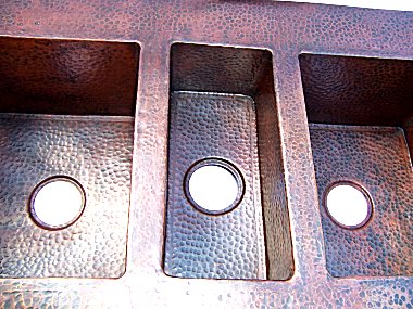 Triple Well Farmhouse Hammered Copper Sink Close-Up