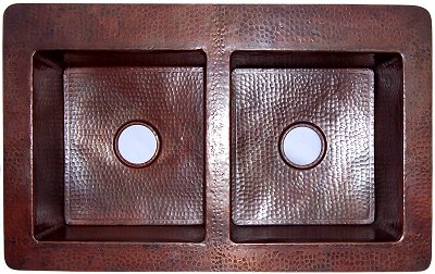 Double Same-Size-Bowl Hammered Copper Kitchen Sink