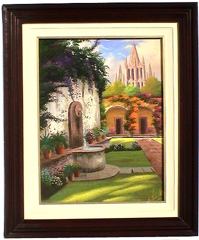 Patio Fountain. Mexican Contemporary Oil Painting