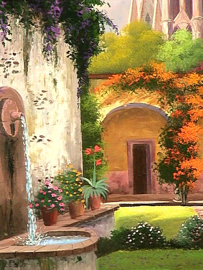 Patio Fountain. Mexican Contemporary Oil Painting Close-Up