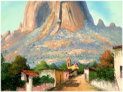 Street/Bernal Rock, Qro. Mexican Oil Painting Close-Up