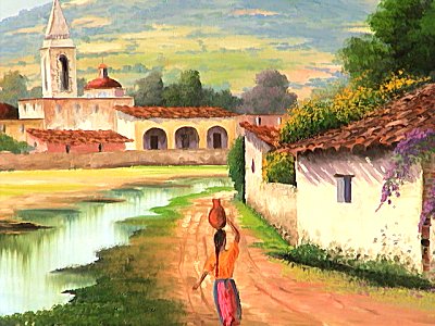 The Bridge. La Labor, Gto, Mexico. Mexican Contemporary Oil Painting Close-Up