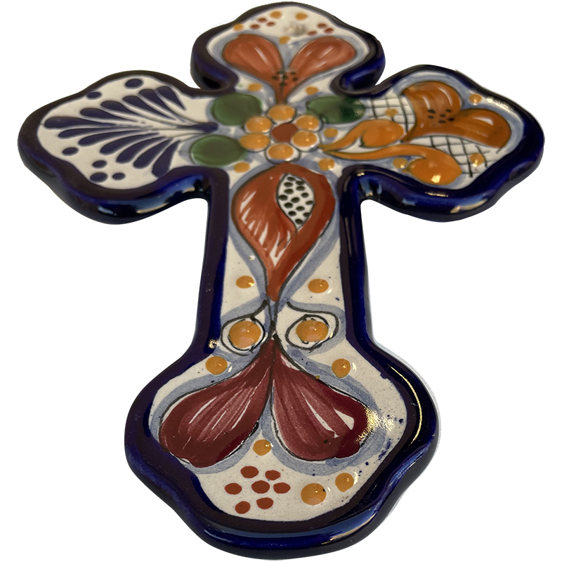 TalaMex Tecali Handmade Small-Size Multicolor Mexican Talavera Ceramic Cross Close-Up
