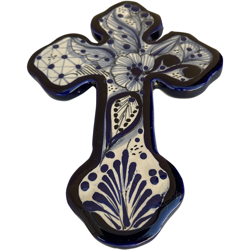 TalaMex Cholula Handmade Small-Size Traditional Mexican Talavera Ceramic Cross Close-Up