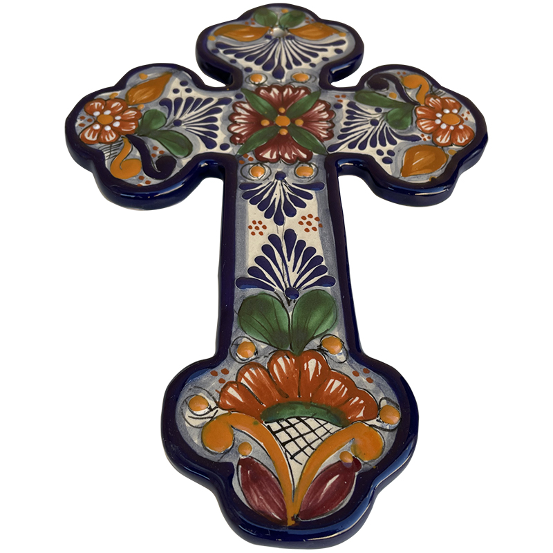 TalaMex Handmade Tecali Medium-Size Multicolor Mexican Talavera Ceramic Cross Close-Up