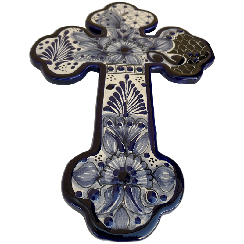 TalaMex Handmade Cholula Medium-Size Blue Mexican Talavera Ceramic Cross Close-Up