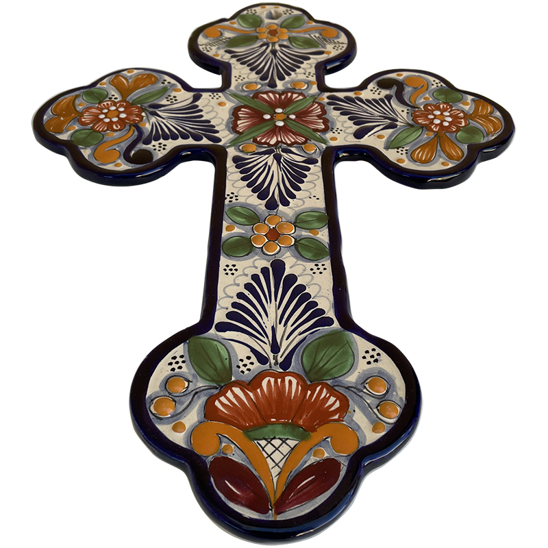 TalaMex Tecali Handmade Large-Size Multicolor Mexican Talavera Ceramic Cross Close-Up
