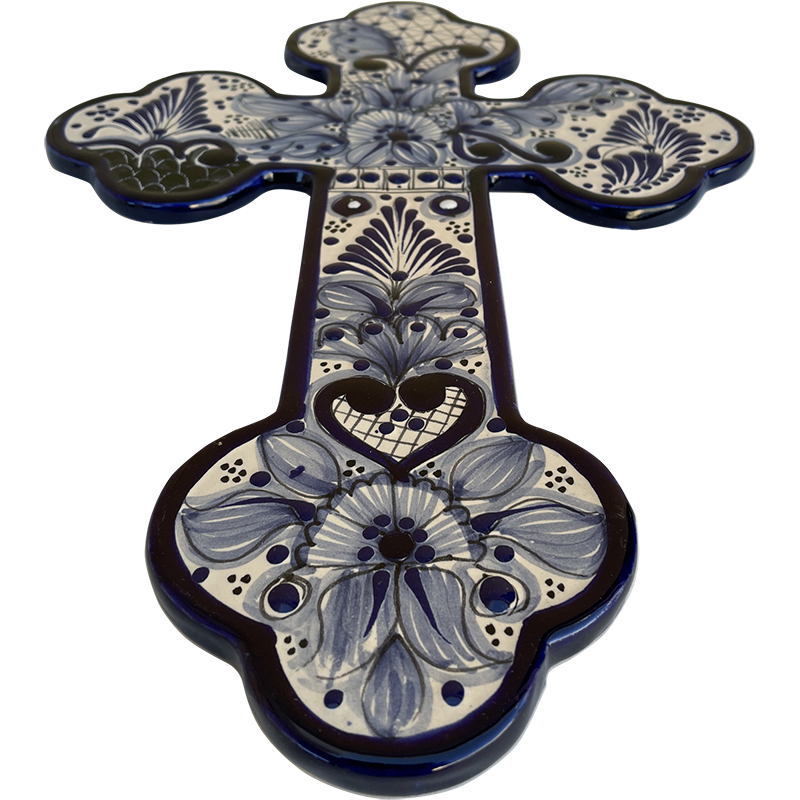 TalaMex Cholula Handmade Large-Size Traditional Mexican Talavera Ceramic Cross Close-Up