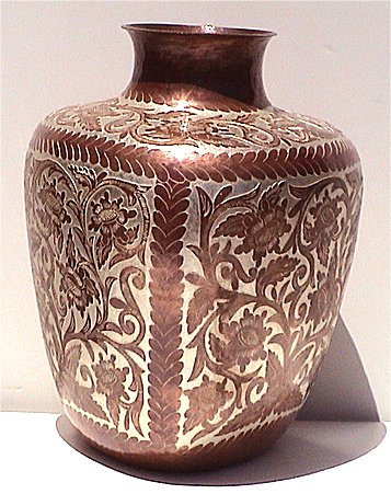 Folk Art Triangular Inlay Silver & Copper Vase