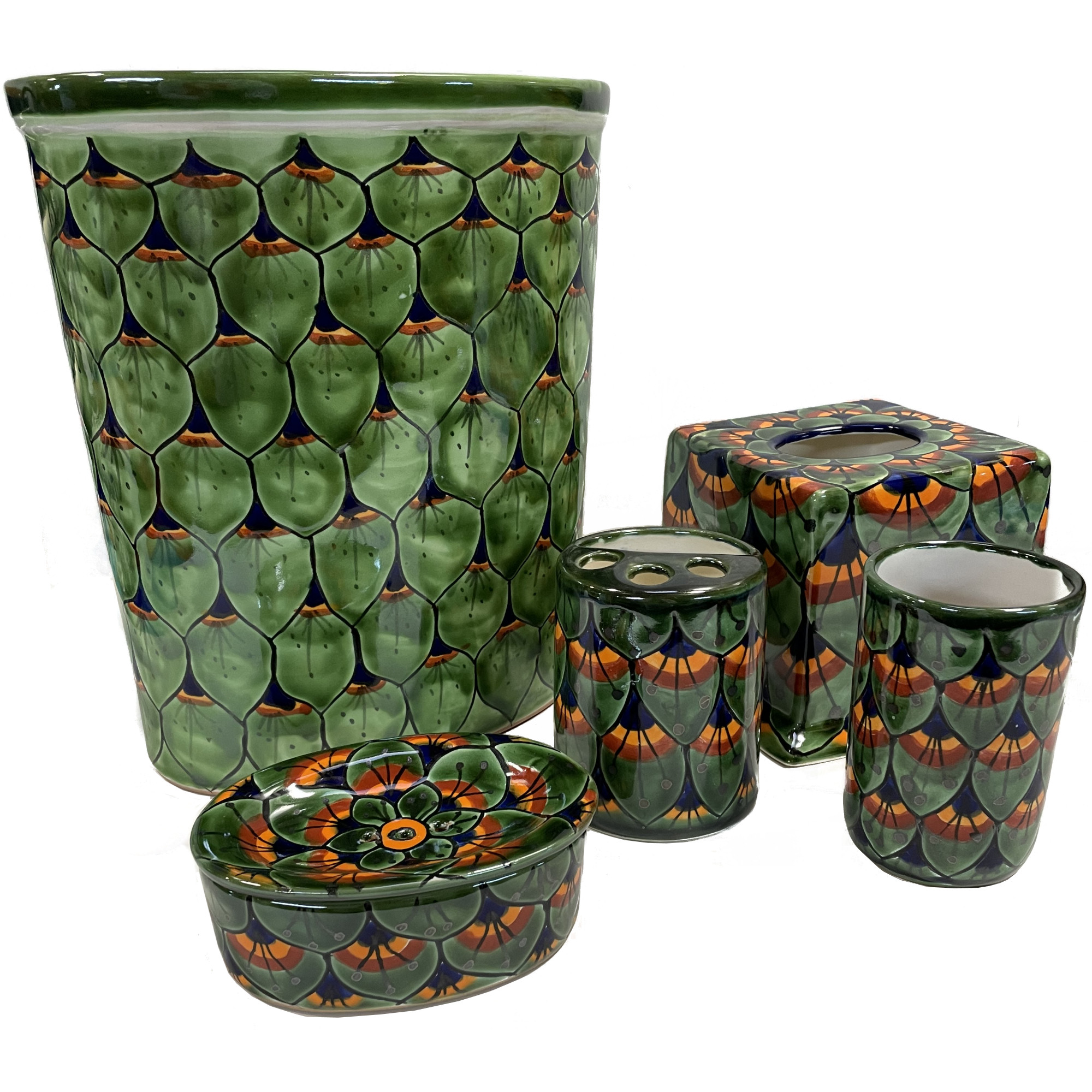 TalaMex Green Peacock Talavera Ceramic Bathroom Set