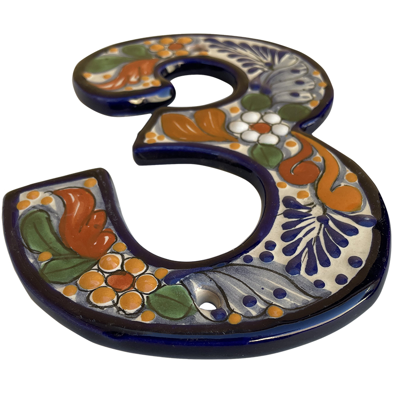 TalaMex Santa Fe Colorful Mexican Talavera Ceramic House Number Three Close-Up