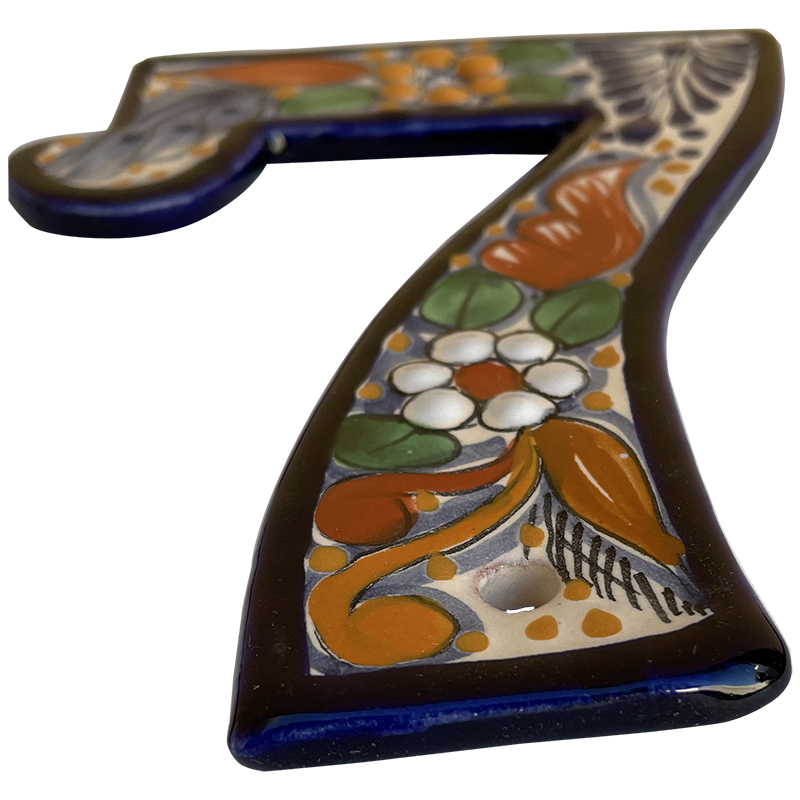 TalaMex Santa Fe Colorful Mexican Talavera Ceramic House Number Seven Close-Up