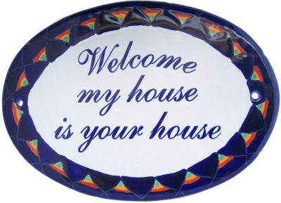 TalaMex Peacock Talavera Ceramic House Plaque. Welcome my house is your house