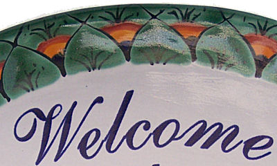 TalaMex Peacock Talavera Ceramic House Plaque. Welcome my house is your house Close-Up