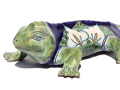 Big Lily Flower Garden Ceramic Iguana Close-Up