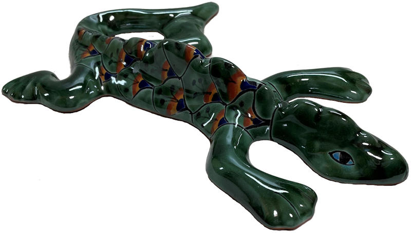 TalaMex Medium Green Peacock Garden Ceramic Lizard Close-Up