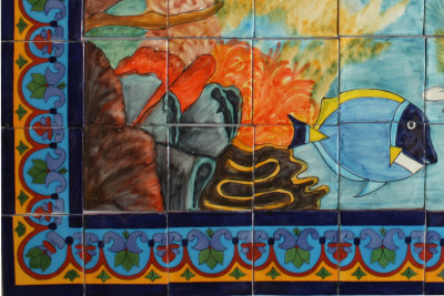 TalaMex Coral Reef. Clay Talavera Tile Mural Close-Up