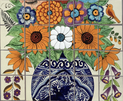 TalaMex Flower Vase Mexican Tile Mural Close-Up