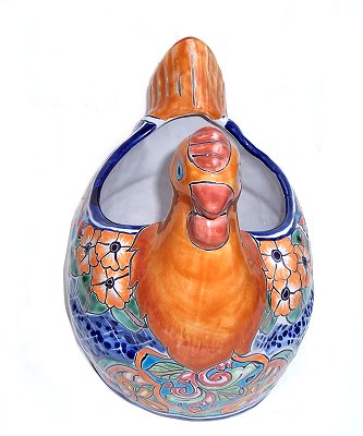 TalaMex Multicolor Chicken Talavera Ceramic Planter Close-Up