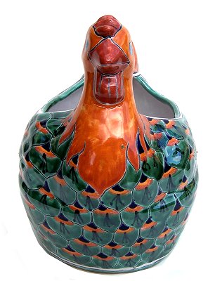 Hand-Painted Mexican Green Peacock Chicken Talavera Ceramic Planter Close-Up