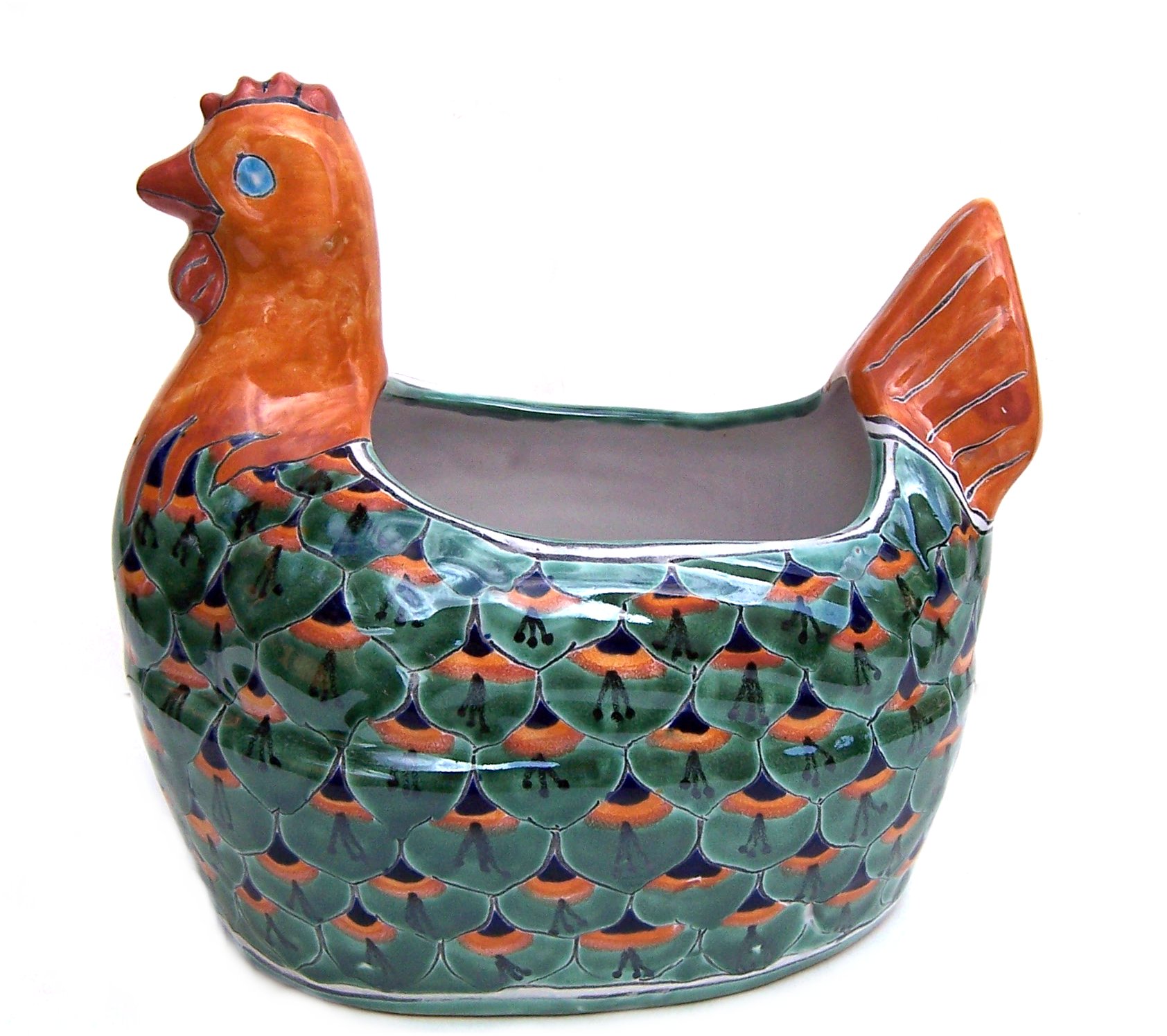 Hand-Painted Mexican Green Peacock Chicken Talavera Ceramic Planter