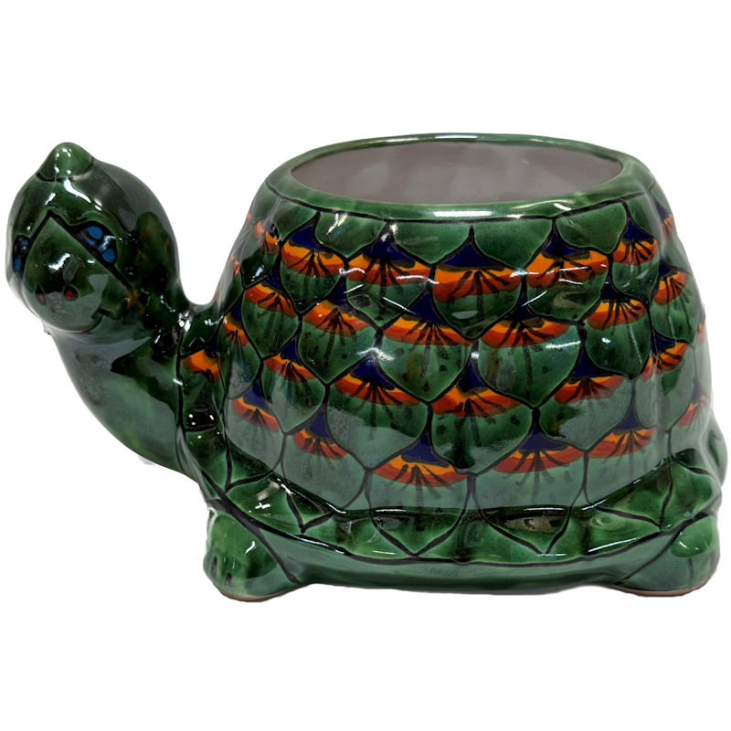 TalaMex Hand-Painted Mexican Green Peacock Turtle Talavera Ceramic Planter