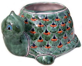 TalaMex Hand-Painted Mexican Green Peacock Turtle Talavera Ceramic Planter Close-Up