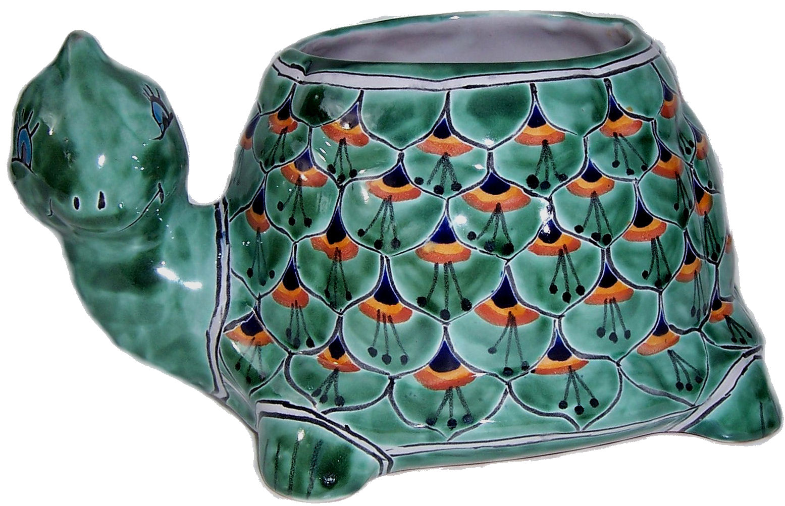 TalaMex Hand-Painted Mexican Green Peacock Turtle Talavera Ceramic Planter