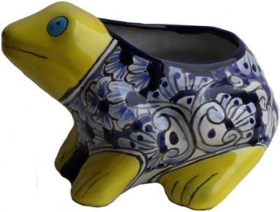 TalaMex Hand-Painted Mexican Blue Frog Talavera Ceramic Planter