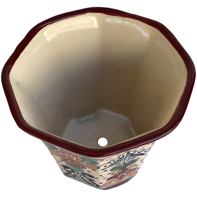 TalaMex Hand-Made Small-Size Indoors/Outdoors Alamo Mexican Colors Talavera Ceramic Garden Pot Close-Up