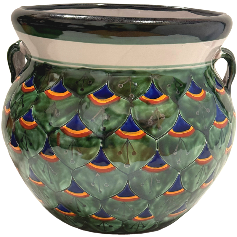 TalaMex Medium-Sized Green Peacock Mexican Colors Talavera Ceramic Garden Pot