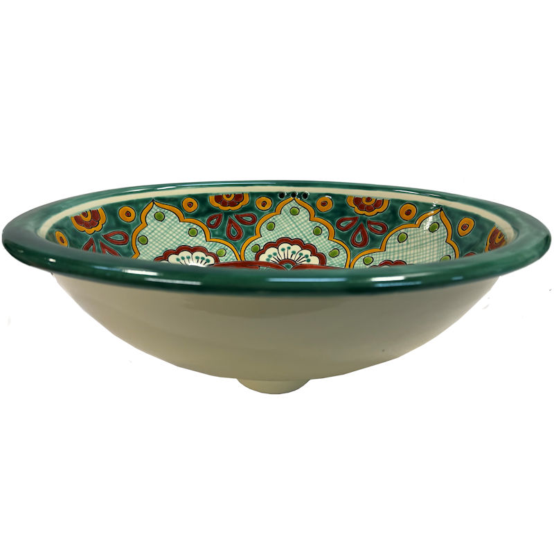 TalaMex Green Greca Ceramic Talavera Mexican Bathroom Sink Close-Up