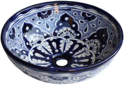 TalaMex Blue Round Ceramic Talavera Vessel Sink