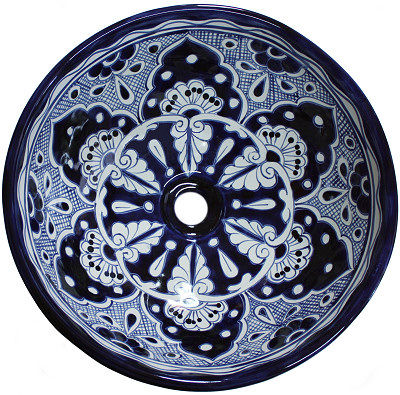 Blue Round Ceramic Talavera Vessel Sink Close-Up