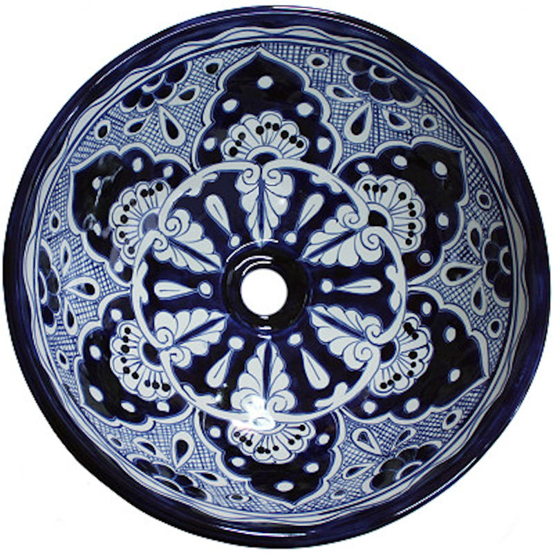 TalaMex Blue Round Ceramic Talavera Bathroom Vessel Sink Close-Up