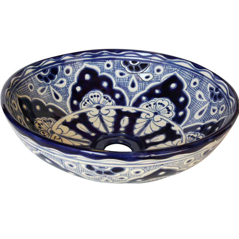 TalaMex Small-Sized Blue Ceramic Talavera Mexican Bathroom Vessel Sink