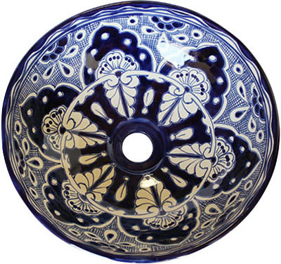 Small Blue Ceramic Talavera Mexican Vessel Sink Close-Up